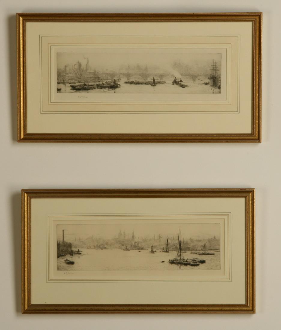 (2) 19th c. framed etchings of London, signed Wyllie (1 of 5)