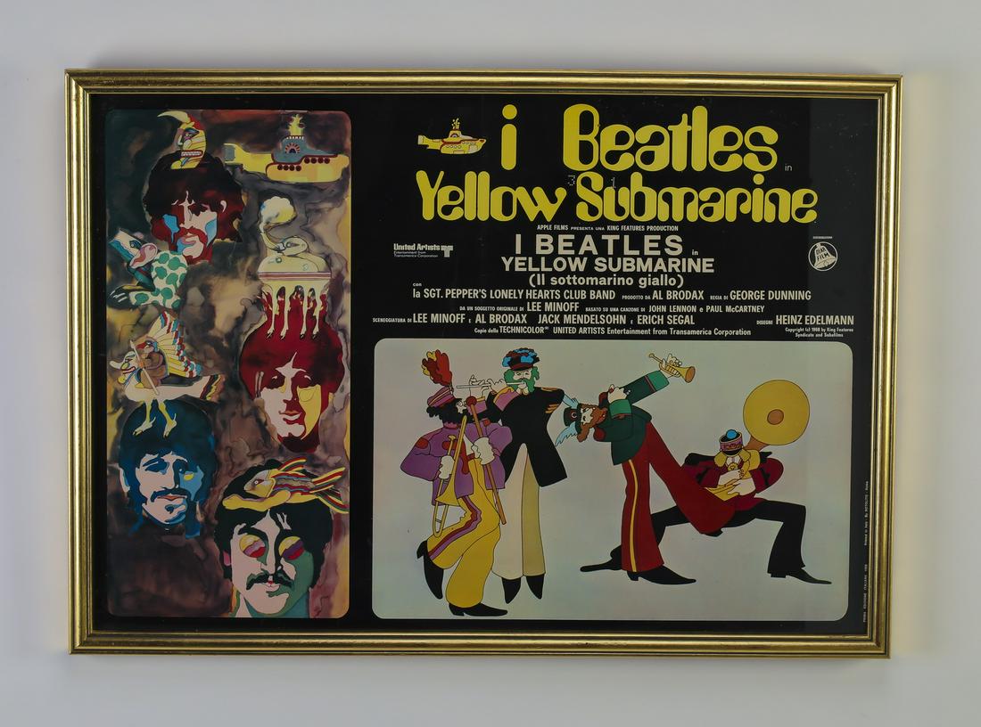 Italian The Beatles 'Yellow Submarine' film poster: Italian The Beatles 'Yellow Submarine' film poster, 1969, published by Rotolito, advertising the animated film, depicting a psychadelic watercolor image of all four band members at left, and a panel d