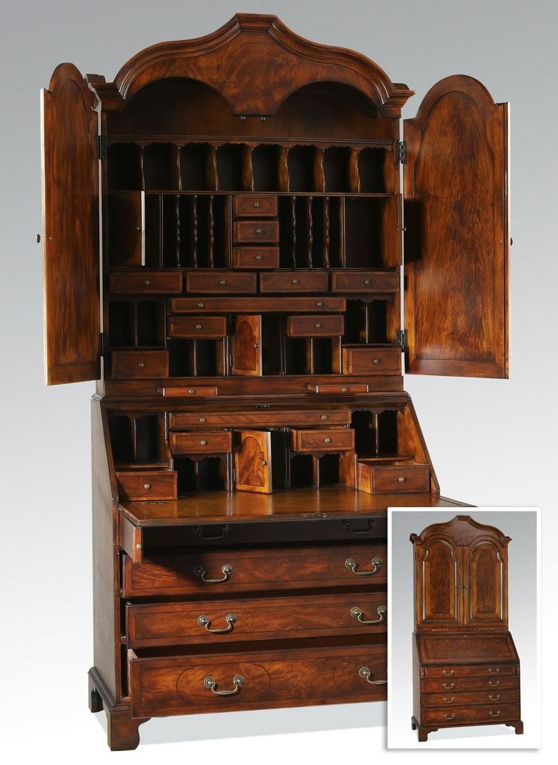 Chippendale style burlwood secretary, 93"h: Chippendale style burlwood secretary, having an arched pediment over two arched doors, opening to a complex arrangement of pigeonholes, drawers and a prospect door, over a fall front opening to a fitt