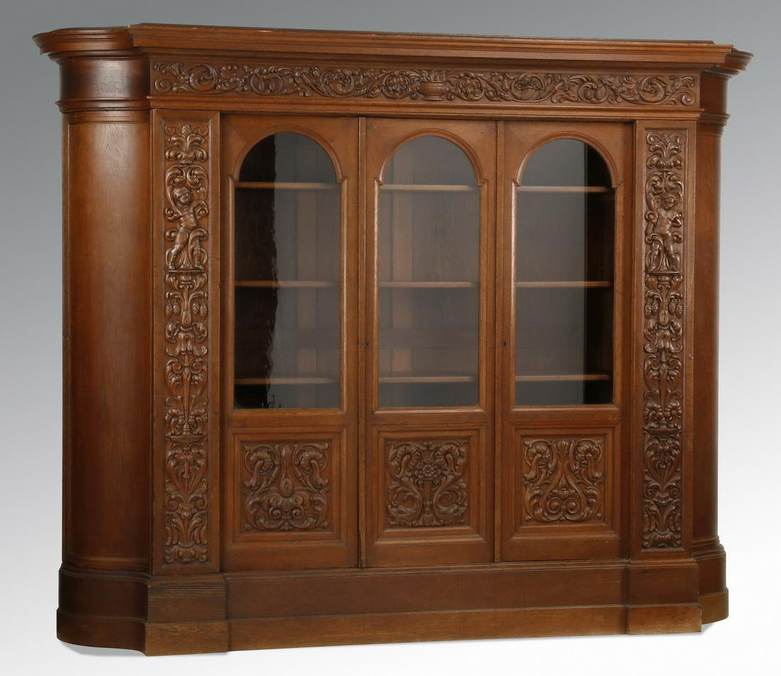 Early 20th c. carved oak demilune cabinet, 105"w (1 of 5)