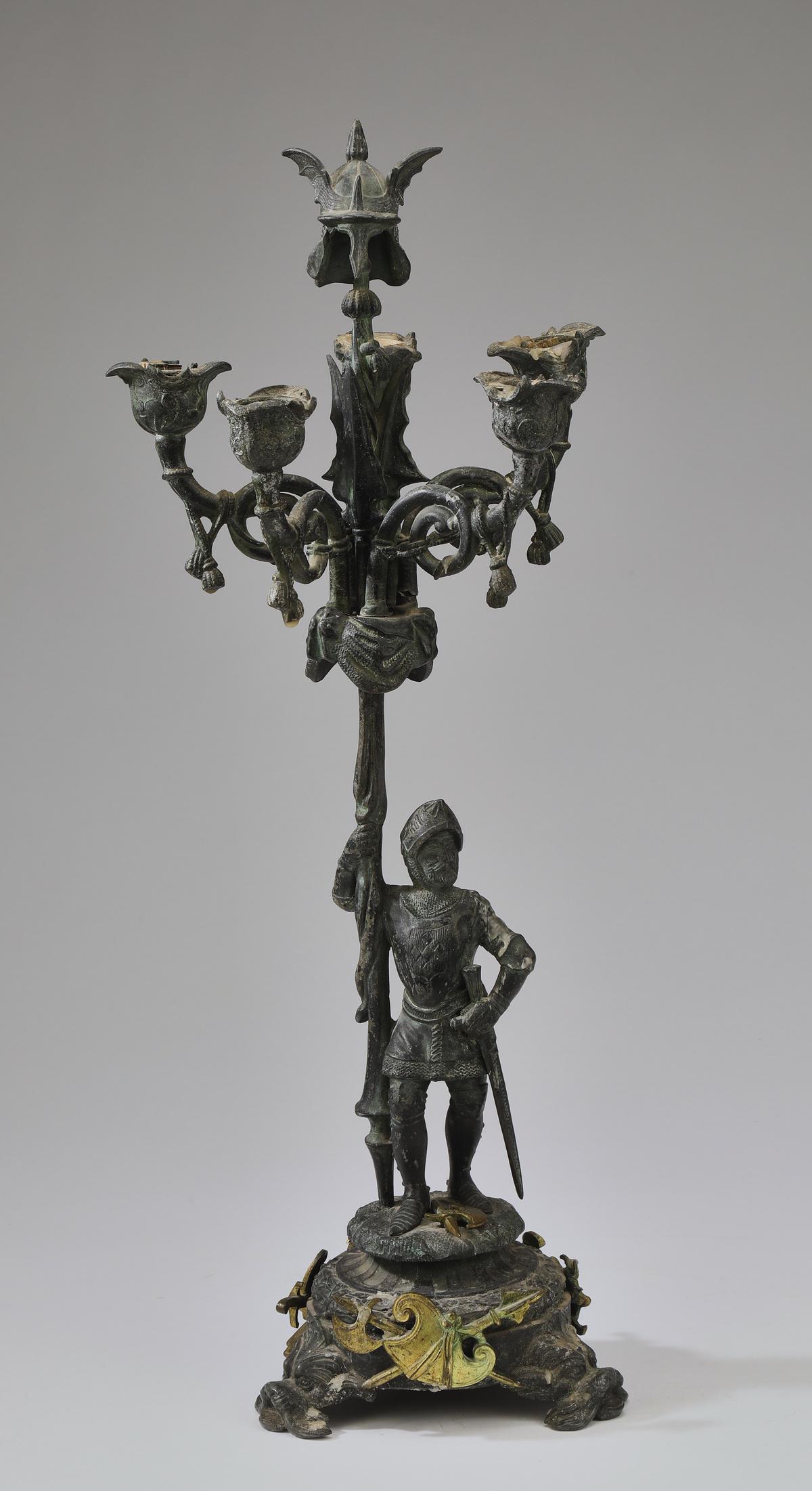 19th c. patinated metal figural knight candelabra (1 of 4)