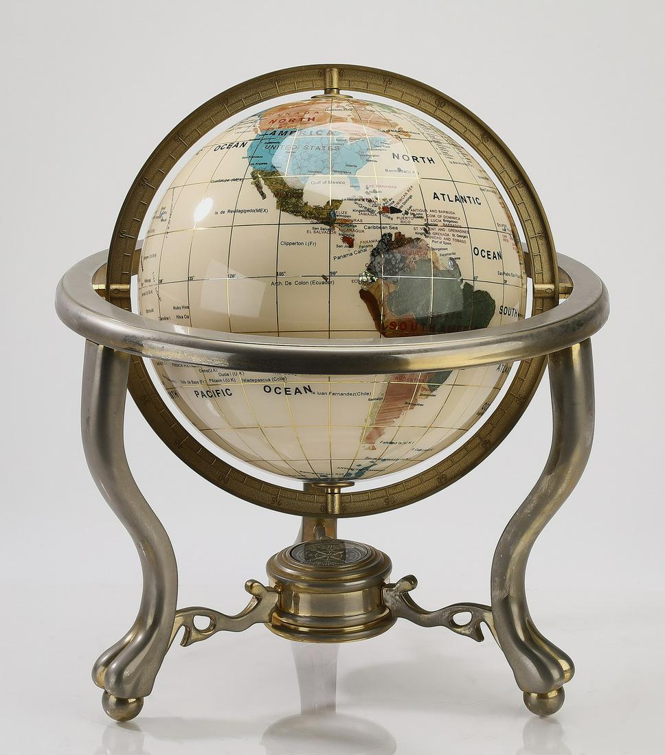 Handcrafted semi-precious stone globe, 15"h: Handcrafted semi-precious stone globe with brass stand, composed of semi-precious gemstones including lapis, red aventurine, jade, picture jasper, red jasper, mookaite, turquoise, mother of pearl, rho