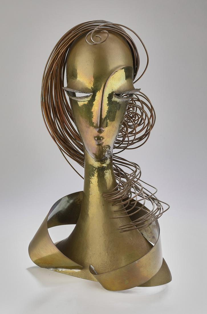 Signed Franz Hagenauer Art Deco brass bust, 18"h: Art Deco brass bust by Franz Hagenauer (Austrian, 1906-1986), having an elongated face with almond shaped eyes and a diminutive mouth, with a sweep of wire 'hair' swirling around the figure, marked un