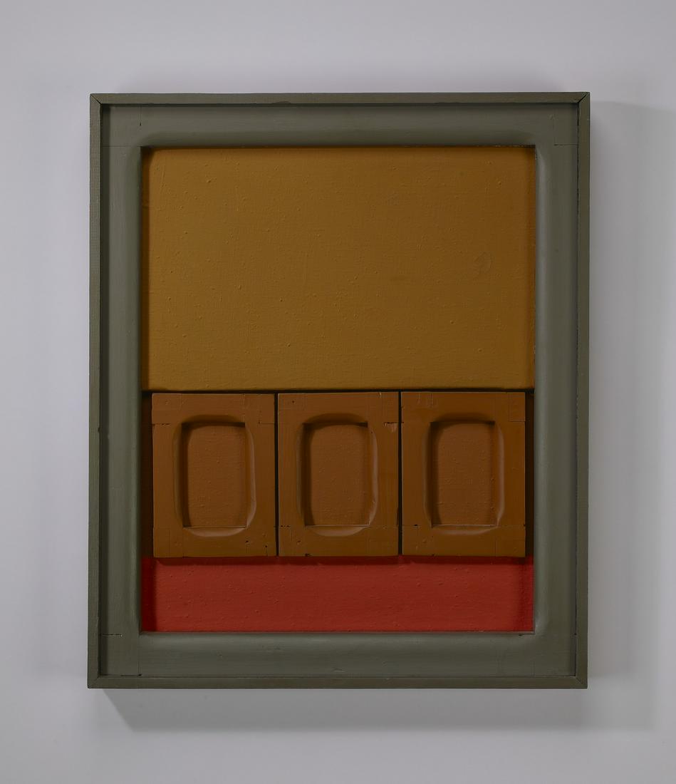 Signed Gerardo Rueda abstract mixed media, 23"h: Gerardo Rueda (Spanish, 1926-1996) abstract, mixed media on canvas, 1966, depicting three paint-decorated and carved rectangles on a mustard and orange ground, signed and dated verso, 19.75"h x 16"w,
