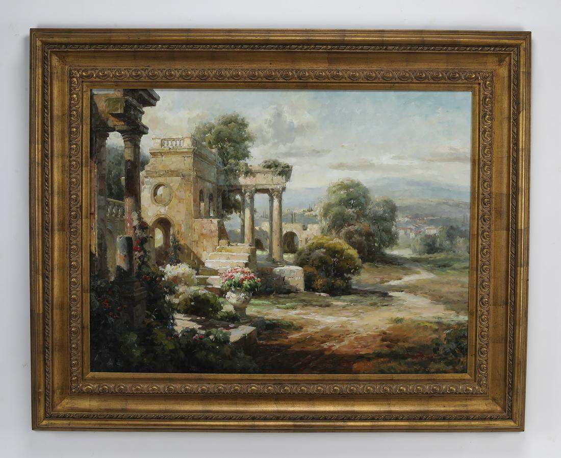 Oversized Continental School O/c capriccio scene: Continental School oil on canvas capriccio scene, depicting ornate ruins and abundant gardens along a winding path, signed illegibly lower right, in a carved and gilt-decorated frame, 35.75"h x 47.5"w