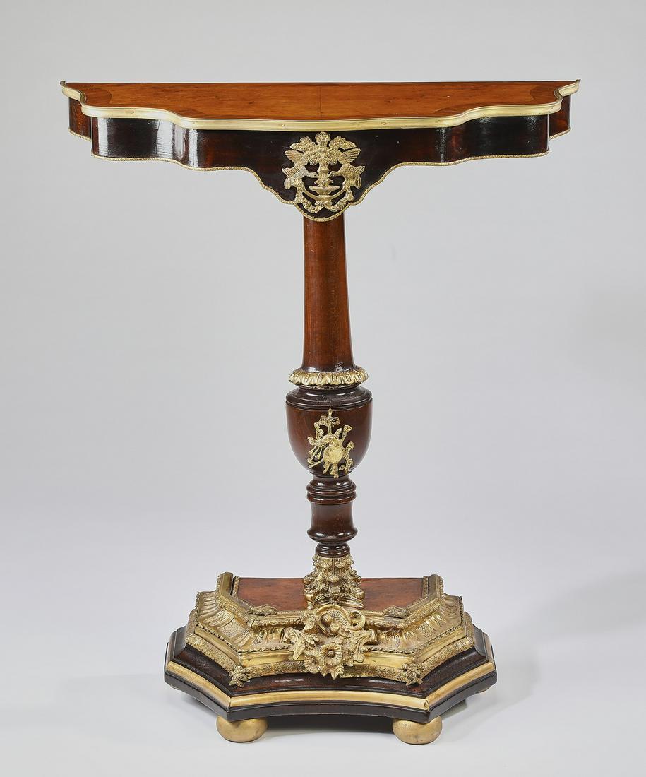 Maitland-Smith style bronze mounted console table: Maitland-Smith style bronze mounted console table, in the Louis XV taste, executed in burl, walnut and satinwood, having a scalloped demilune inlaid surface surmounting a scalloped apron centering a f
