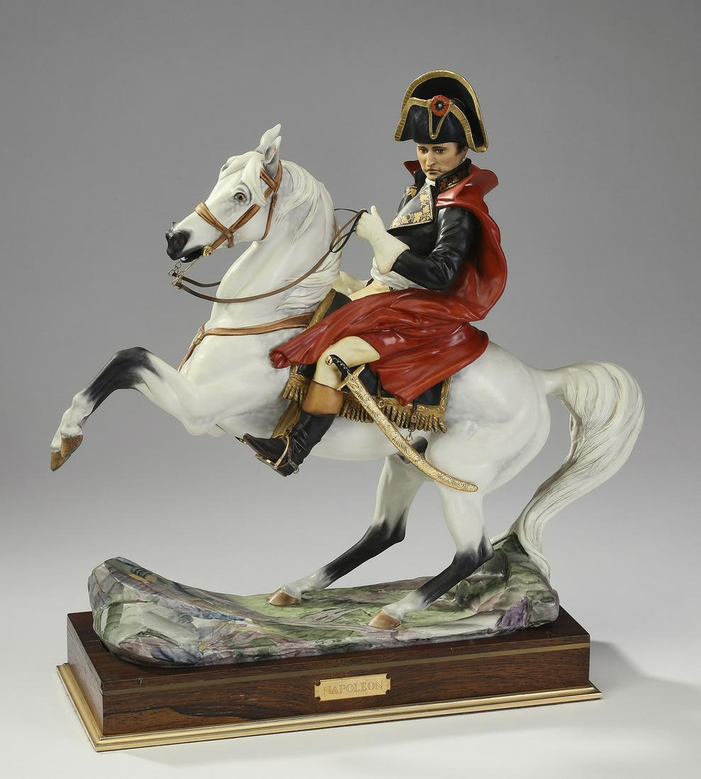Royal Worcester 'Napoleon Bonaparte on Horseback': Royal Worcester 'Napoleon Bonaparte on Horseback,' after the 1801 Jacques-Louis David painting 'Napoleon Crossing the Alps,' 1969, depicting the French emperor in his famous pose, on a rearing horse, 