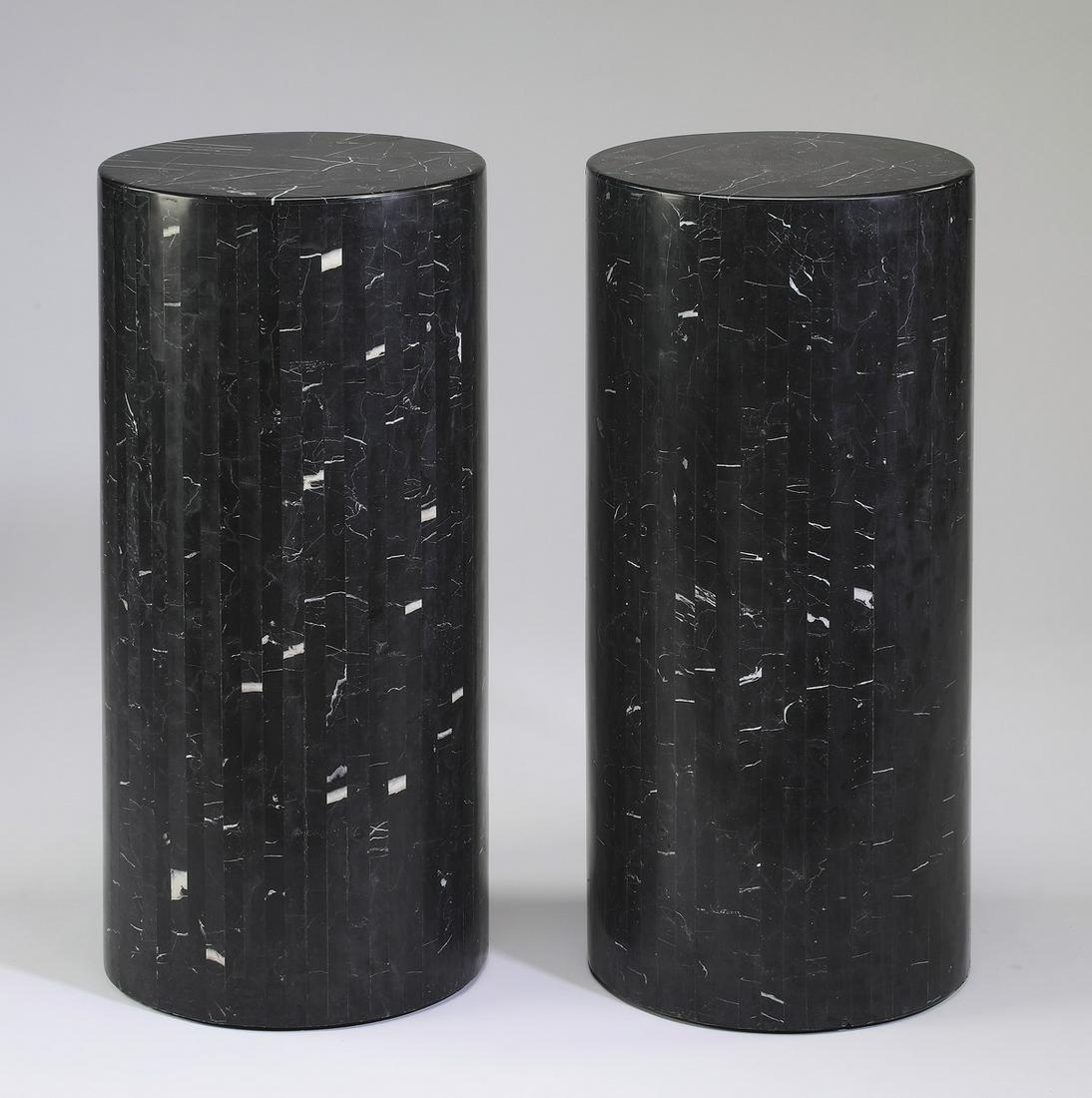 (2) Contemporary tesselated black marble pedestals: Pair of Maitland-Smith style contemporary tesselated black marble pedestals, each of cylindrical form, 30"h x 14"dia.