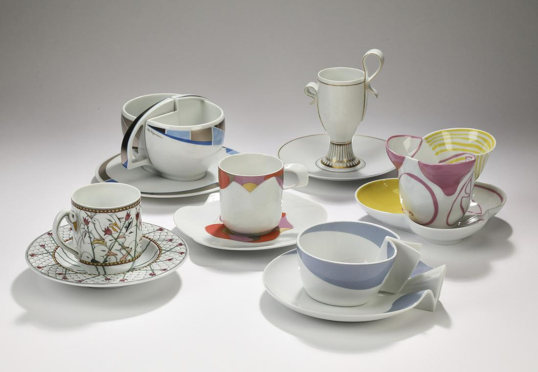 (6) Rosenthal Kunstlertasse Studio Line teacups: Group of (6) Rosenthal Kunstlertasse Studio Line teacups and saucers, each marked to underside, including (1) number 14 by Jane Osborn Smith, cup measuring 3.25"h x 3.75"w x 2.75"d and saucer measurin