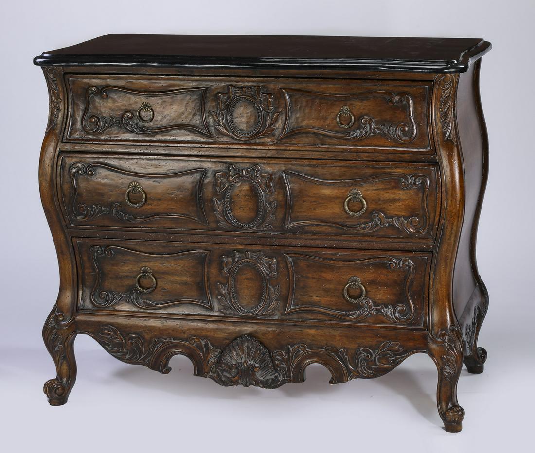 Drexel Heritage marble top commode: French Provincial style commode by Drexel Heritage, having a serpentine tesselated marble top, over a straight front bombe cabinet, fitted with three long drawers, the whole rising on short cabriole l
