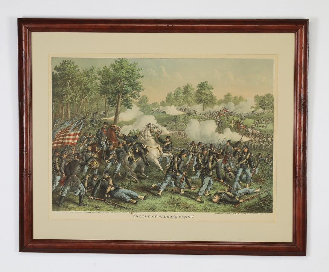 Kurz & Allison 'Battle of Wilsons Creek' framed litho: Early 20th century Civil War lithograph in colors titled 'Battle of Wilsons Creek' after the original 19th century chromolithograph by Louis Kurz & Andrew Allison of Kurz & Allison, Chicago, 18.75"h x