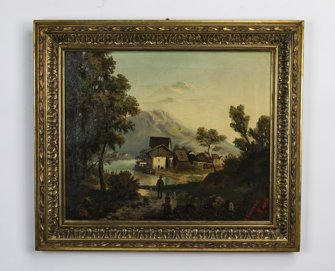 19th c. Continental School O/c landscape, signed: Continental School oil on canvas landscape, late 19th century, depicting figures walking toward a small homestead nestled in a bucolic setting next to a stream, with mountains in the background, signe