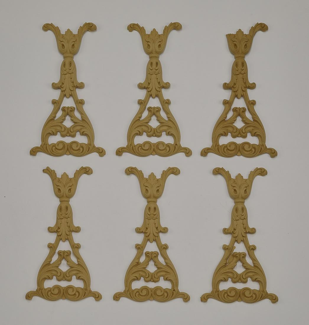 (6) Continental scrollwork decorative appliques, 11"h: Group of (6) Continental decorative appliques, of pierced acanthus scrollwork form, measuring 10.75"h x 6"w x 0.5"d.