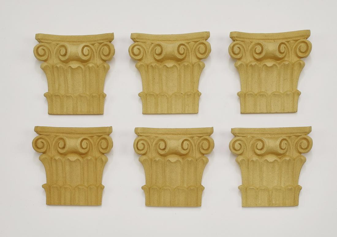 (6) Continental Corinthian capital decorative corbels: Group of (6) Continental decorative corbels, each in the form of acanthus scrollwork Corinthian capitals, measuring 5.5"h x 5.5"w x 1.5"d.