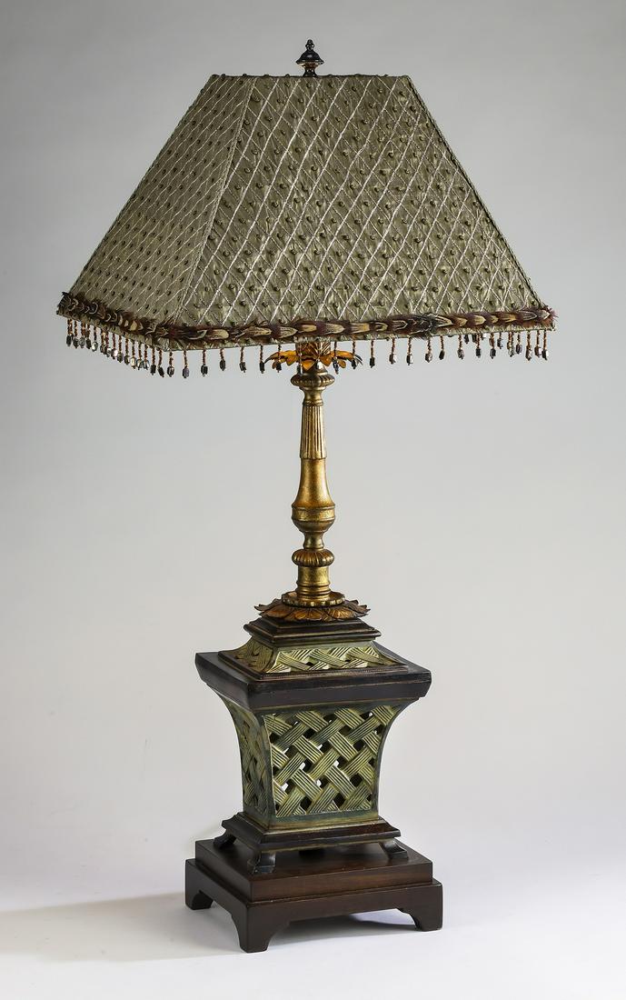 Frederick Cooper metal table lamp w/ shade: Frederick Cooper table lamp, crafted of metal and composite material, having a rectangular empire shade accented with beaded trim, surmounting the baluster form standard above a flared lattice metal b