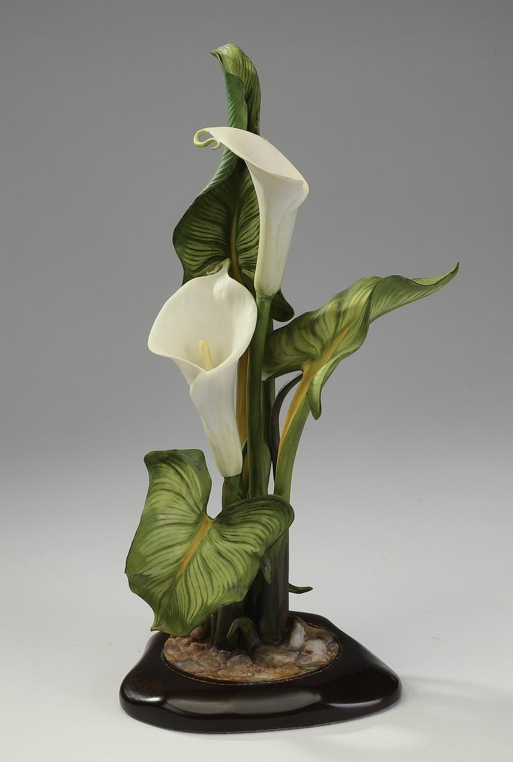 Cybis limited edition porcelain 'Calla Lilies,' 16"h: Cybis porcelain 'Calla Lilies,' circa 1969, one of the Cybis flower studies depicting stems of calla lillies and foliage fitted in a wooden base, signed and numbered 275/500 on the stem, 15.75"h x 8"d
