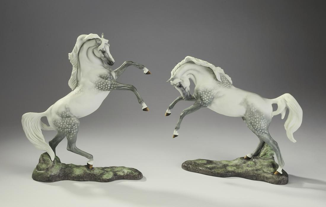 (2) Boehm numbered, hand painted 'Arabian Stallions': Pair of Boehm hand painted porcelain equestrian sculptures,1983, 'Arabian Stallion' numbers 55006 and 55007, each depicting a rearing appaloosa stallion resting on a naturalistic base, the set numbere