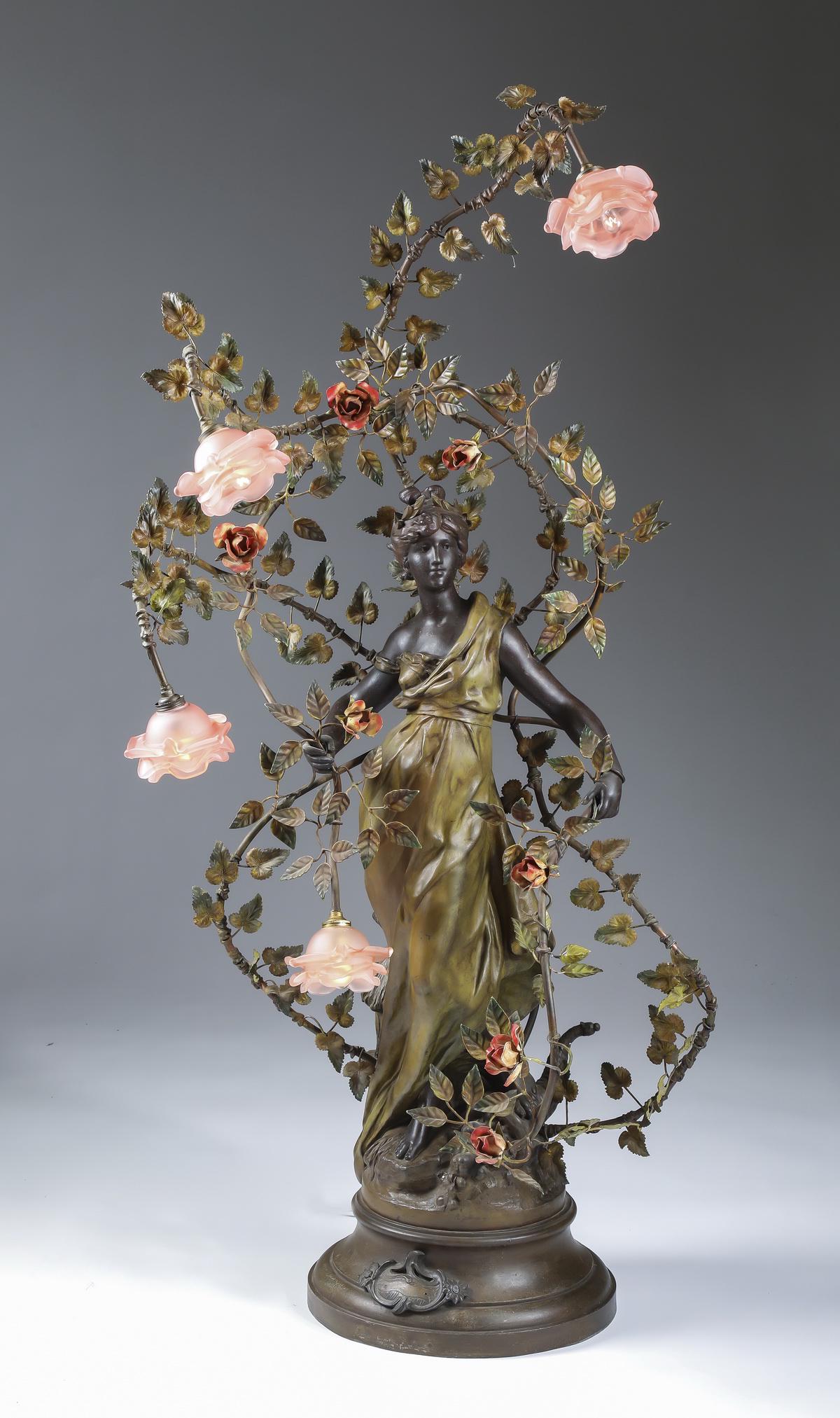 French Art Nouveau 4-light figural newel post lamp: French Art Nouveau 4-light figural newel post lamp after Louis Moreau (French, 1855-1919), circa 1915, executed in tole painted metal, depicting a classically draped maiden crowned with a laurel wreat