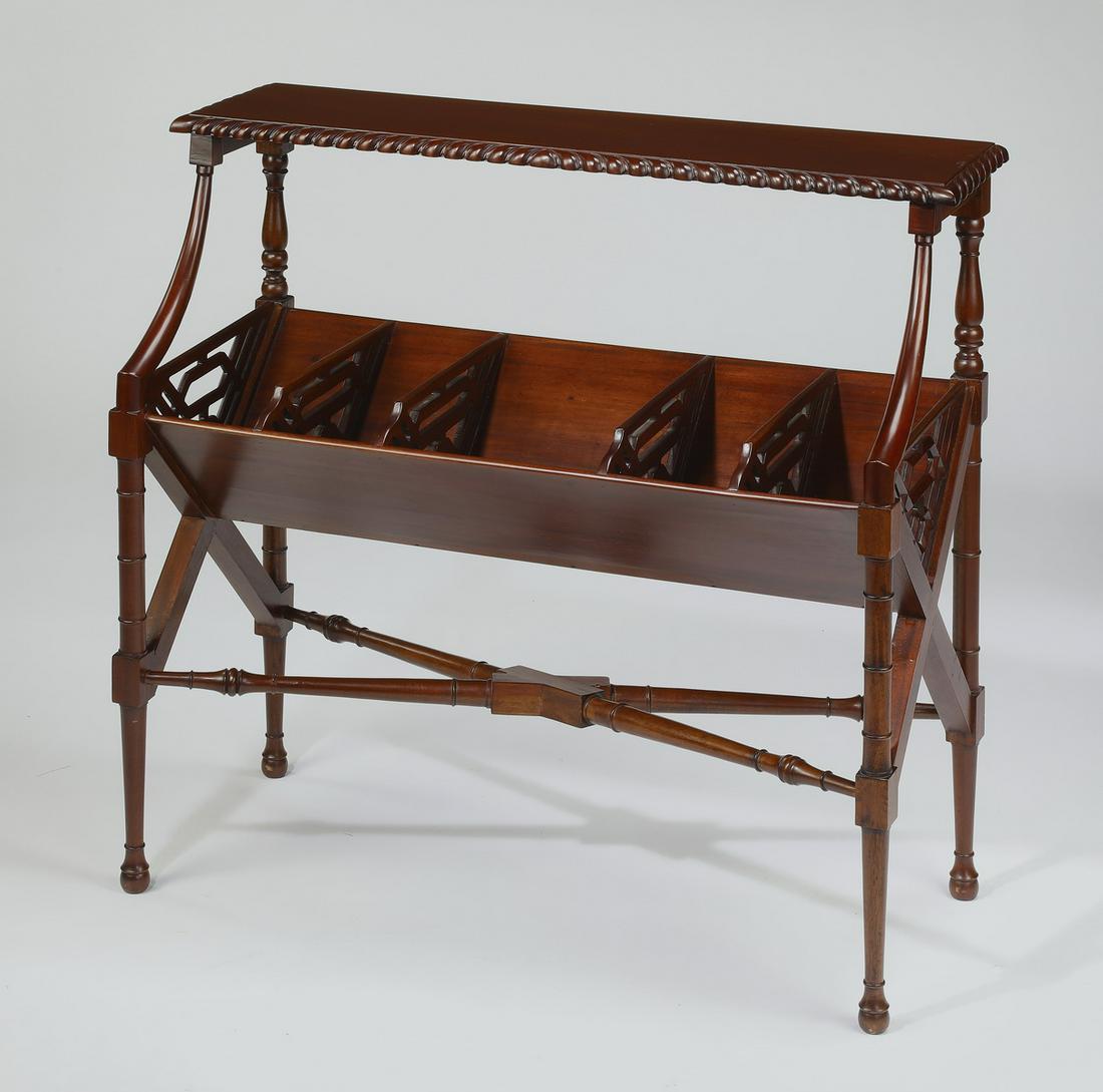 Chinese Chippendale style mahogany book cradle: Chinese Chippendale style mahogany book cradle, having a stepped back rectangular top with gadrooned edges, rising on turned back stiles and molded front saber supports, over a cradle with chinoiserie