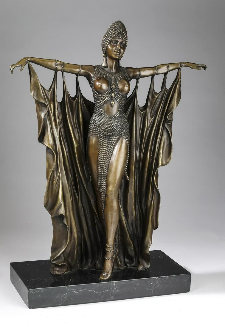 Art Deco style bronze dancer after Chiparus, 21"h: Art Deco style patinated bronze dancer after the sculpture ‘Semiramis’ by Demetre Chiparus (Romanian/French 1886-1947), depicting a dancing girl as the Queen of Babylon, the figure posed standing 