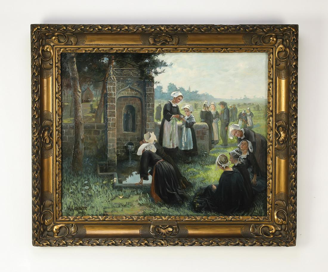 Anne Marie Esprit signed O/c scene w/ Breton figures: Anne Marie Esprit (1866 - 1926), oil on canvas Post Impressionist genre scene, 19th century, depicting Breton figures gathered around a Gothic fountain, signed lower left 'AMesprit,' 25"h x 31"w, over