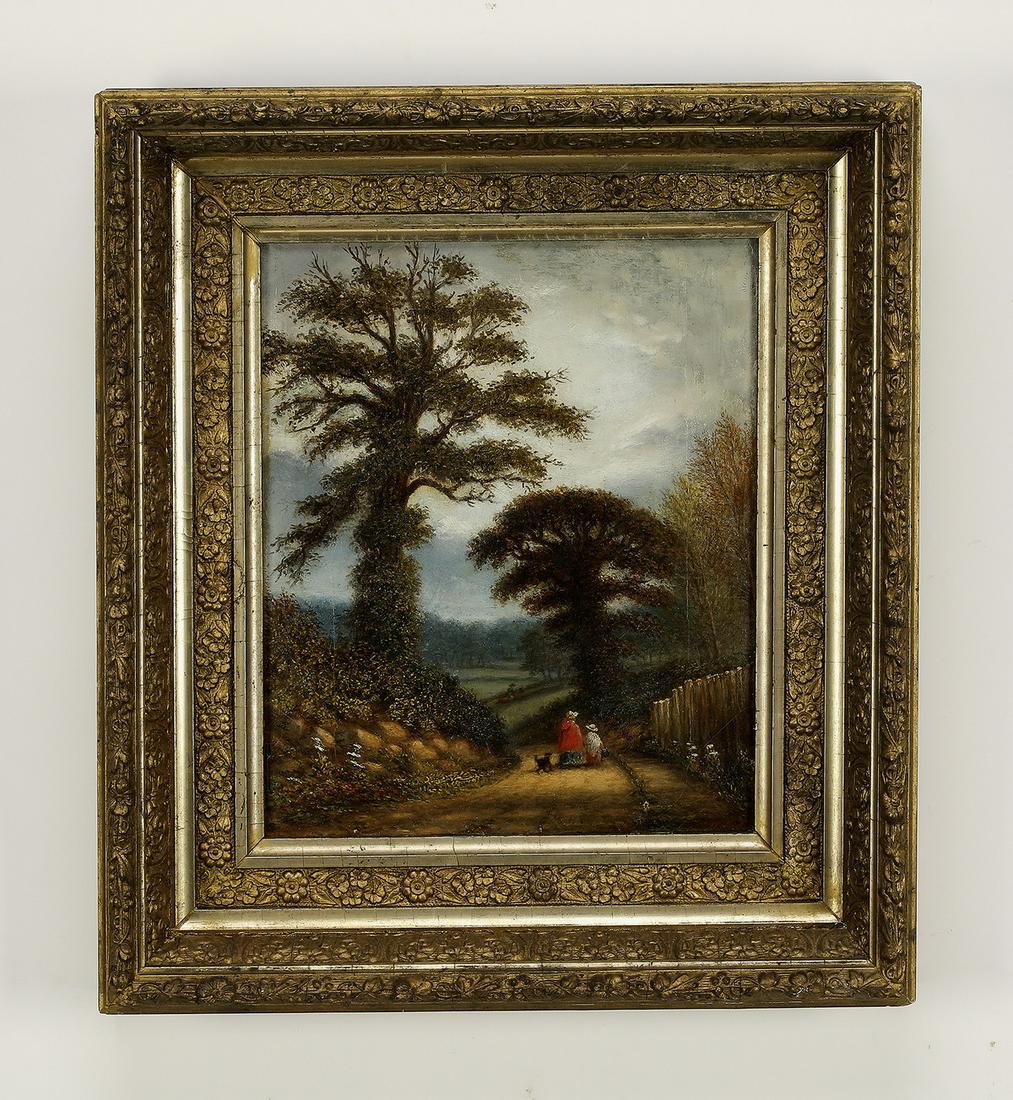 Style of John Constable, 19th c.O/c landscape: Style of John Constable (British, 1776 - 1837), oil on canvas Romantic landscape, circa 1855, depicting a mother and child accompanied by their dog walking along a road at the foot of a stone embankme