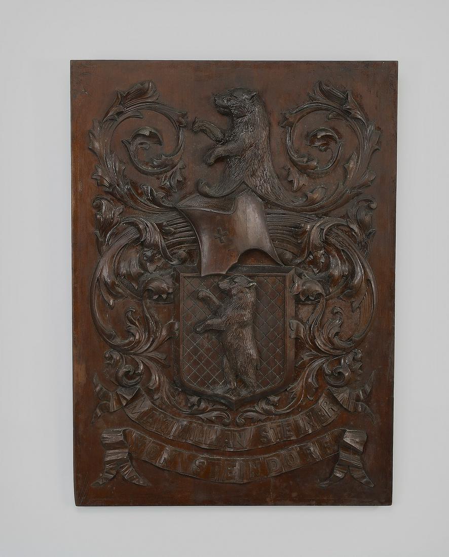 Continental carved armorial architectural panel: Continental carved armorial architectural panel in the Renaissance taste, late 19th century, having a rampant bear with scrolling foliate surround, 26.5"h x 19"w x 1"d.