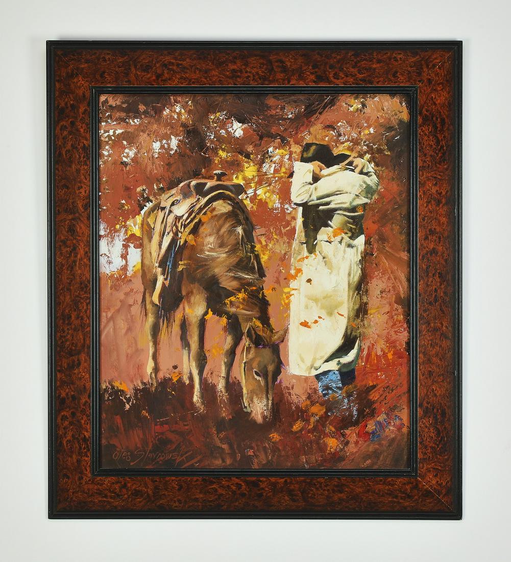 Signed Oleg Stavrowsky O/b 'A Fall Chill,' 30"h: Oleg Stavrowsky (American, b. 1927) 'A Fall Chill', executed in oil on board, depictig a cowboy with his horse on an abstracted ground in hues of red, orange, and yellow, signed lower left, 23.5"h x 1