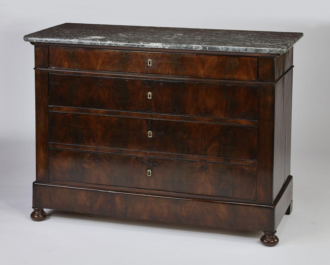 19th c. Louis-Philippe style marble top commode: Louis-Philippe style burl veneer and marble commode, late 19th or early 20th century, having a variegated black marble surface rising on a chest of four long drawers, terminating in bun feet, 35.5"h x