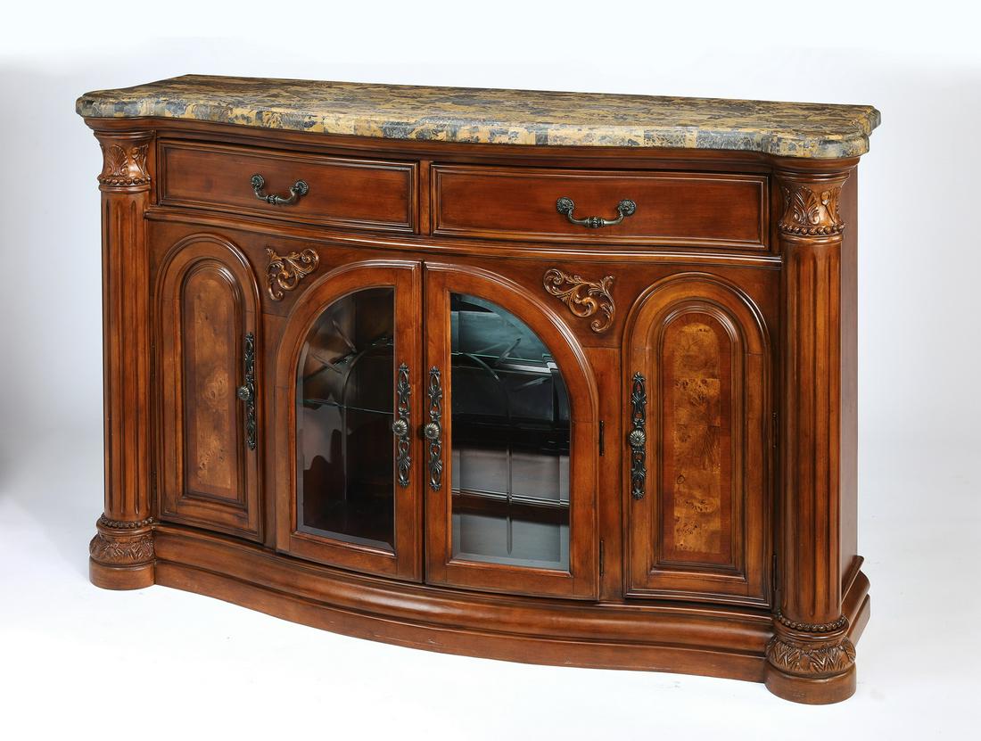 Michael Amini marble top parquetry buffet: Michael Amini burl wood and parquetry buffet, from the Monte Carlo suite, executed in burled wood, glass, and tesselated marble, having a serpentine top over a conforming case, fitted with two felt li