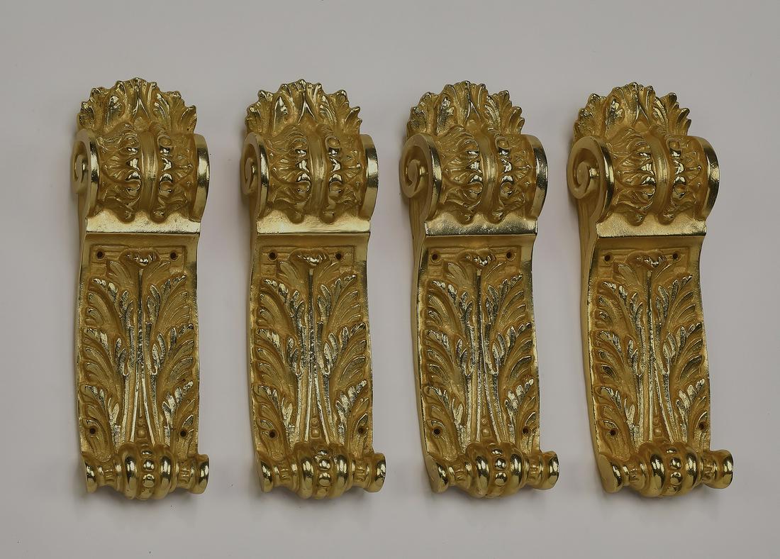 (4) Italian gilt bronze acanthus decorative corbels: Group of (4) Italian gilt bronze decorative corbels, each having scrolling capitals rising on acanthus leaves, 8.25"h x 2.5"w x 1.5"d.