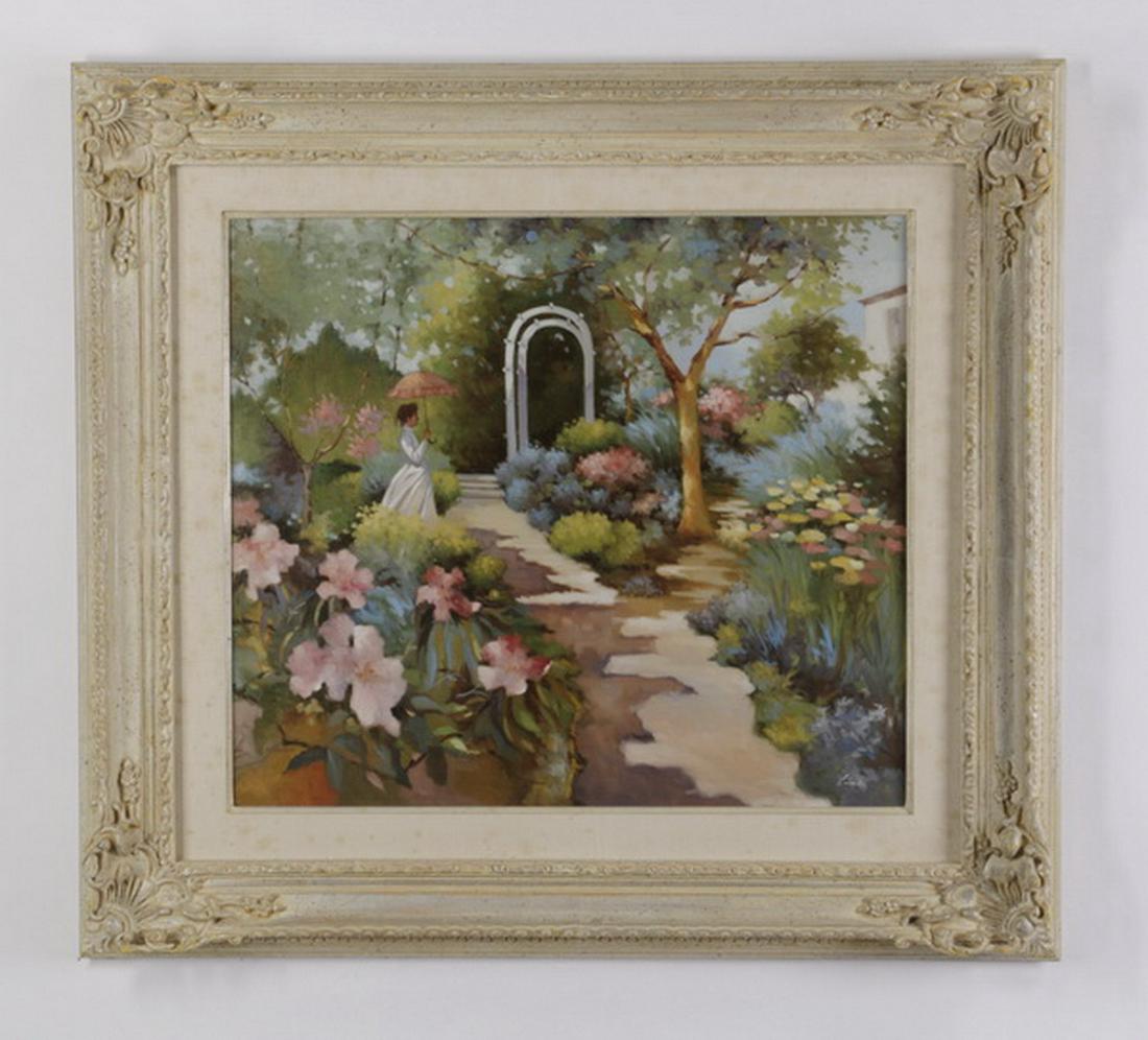 Lugano Candi signed O/c of a woman in a garden: Lugano Candi (Italian/Argentinian, b. 1948), oil on canvas depicting a woman in a white dress holding a pink parasol while strolling through a picturesque sun-dappled garden, artist signed 'Candi' at 