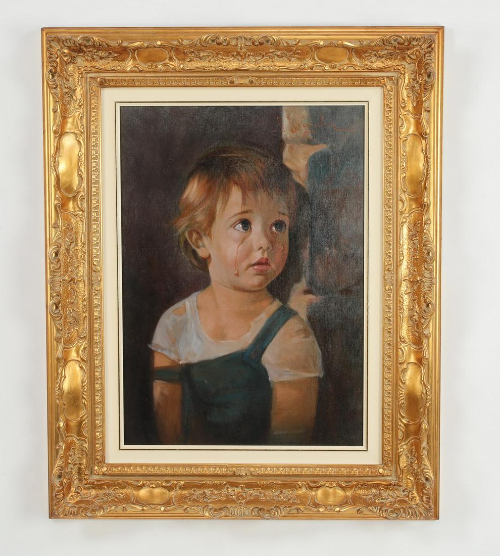 Giovanni Bragolin, (Italian) signed O/c 'Crying Boy': After Bruno Amadio, called Giovanni Bragolin (Italian, 1911-1981), oil on canvas depicting a crying boy, the teary figure in overalls looking sadly into the distance, artist signed 'G. Bragolin' in re