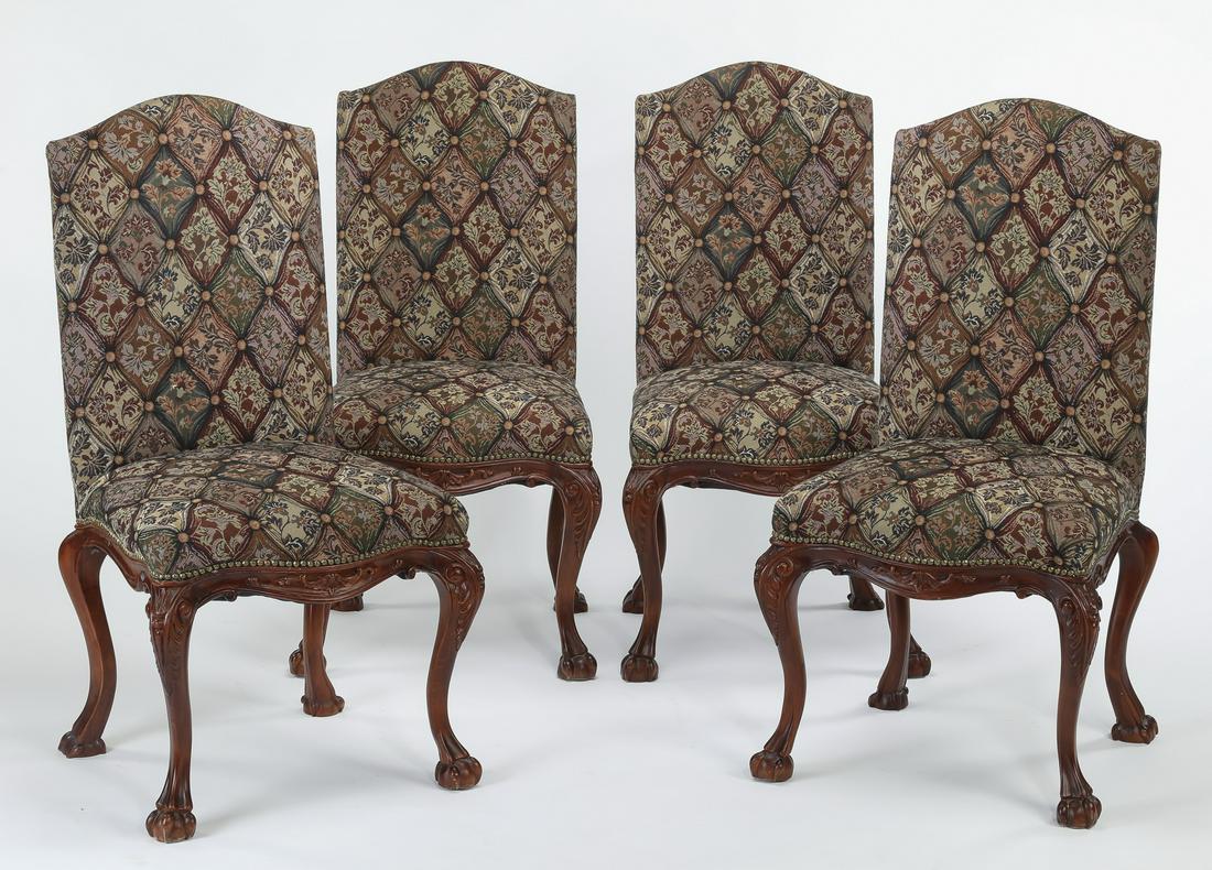 (4) Carved mahogany chairs w/ tapestry upholstery: Set of (4) Rococo Revival style chairs upholstered in multicolored tapestry fabric, each having an arched back with tapestry upholstery on the front and aubergine quilted velvet on the back, centering