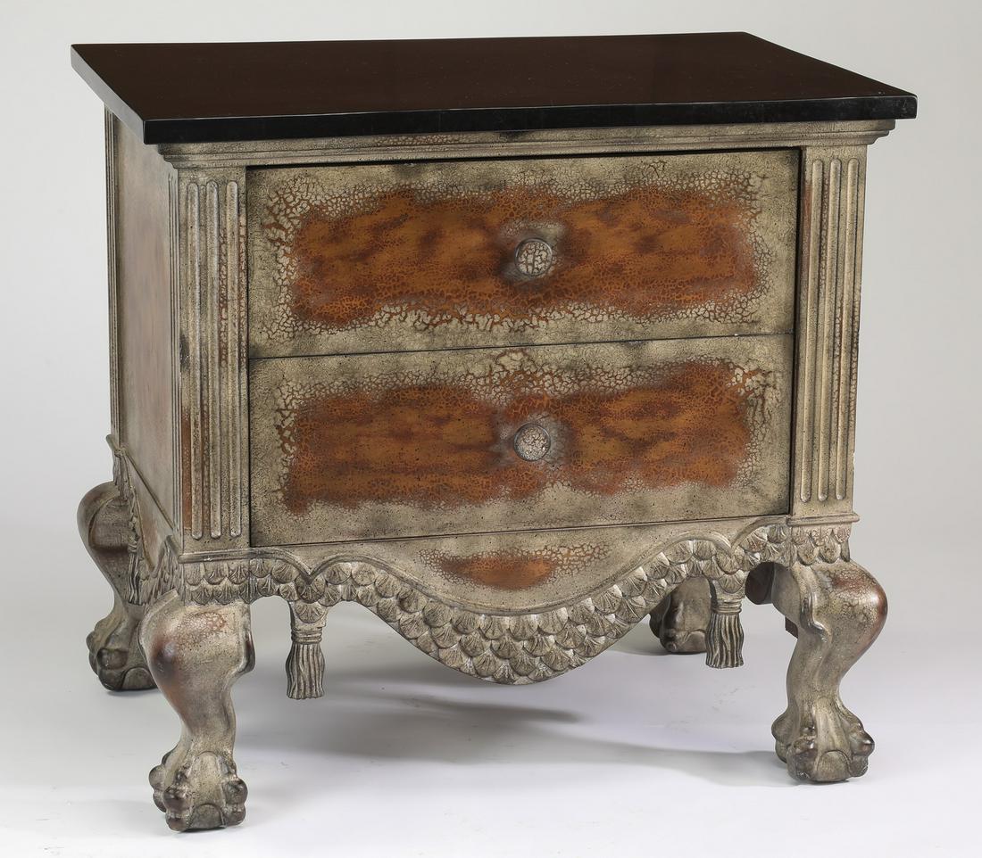 Empire style marble & silver accented nightstand: Empire style black marble and silver accented nightstand, having a rectangular black marble top above two burl drawers with silvered paint decoration, flanked by fluted pilasters, surmounting an arche