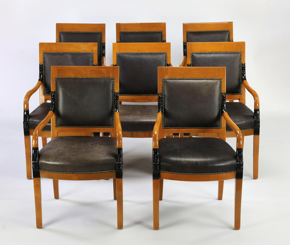 (8) Biedermeier style maple and faux leather chairs: Set of (8) Biedermeier style armchairs, 20th century, executed in maple and faux leather, having a rectangular back centering black leather upholstery with nailhead trim, accented by black paint-decor