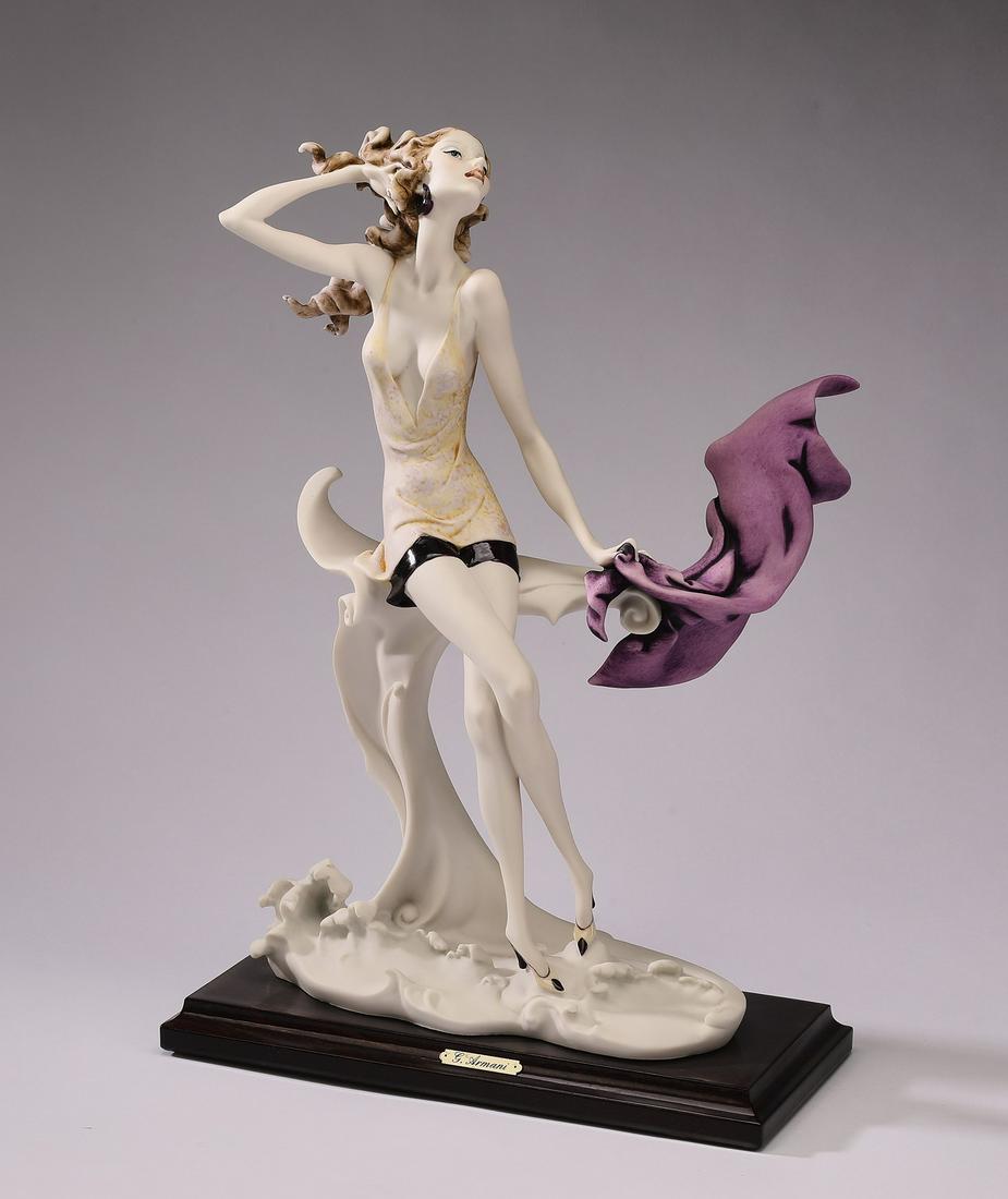 Giuseppe Armani art sculpture, 'Lady at the Shore': Giuseppe Armani art sculpture, 'Lady at the Shore - Summer,' 1989, depicting a young lady in a swimsuit perched on a wave-like stool, clutching a fluttering lavender towel, maker marked and signed, 14