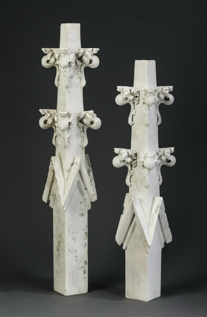 (2) Gothic Revival style carved marble spires: Group of (2) Gothic Revival style carved marble spires, late 19th or early 20th century, the tapering points adorned with foliate crockets and rising on square standards, (1) 30"h x 5"sq; (1) 26"h x 5