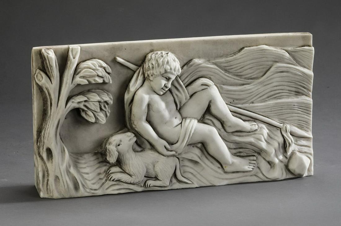 Continental relief carved marble plaque, 15"l: Continental relief carved marble plaque, early 20th century, depicting a shepherd reclining under a tree with a recumbent lamb at his side, 7.75"h x 15.25"l x 3"d.