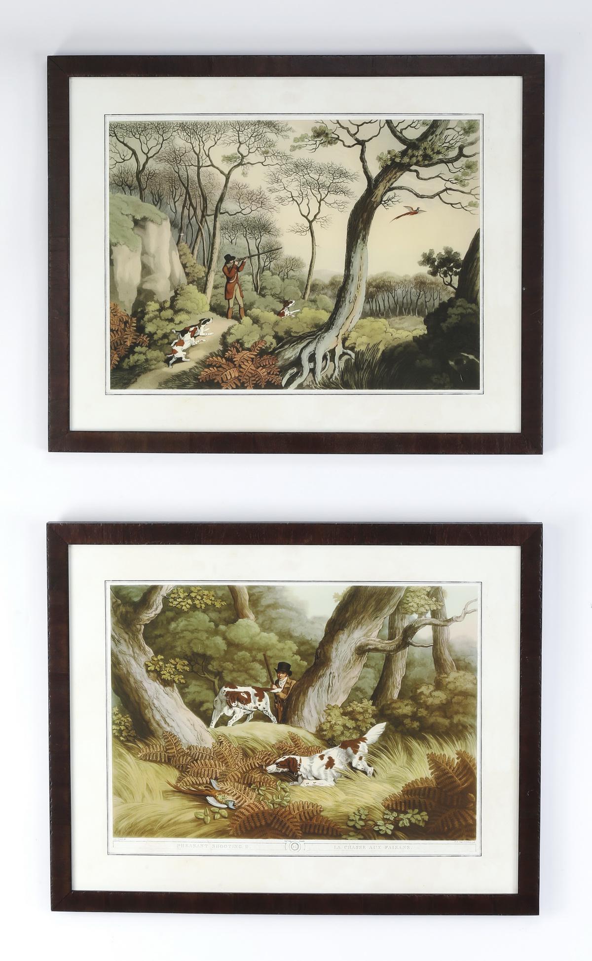 (2) English lithographs, 'Chasse aux Faisans': After Samuel Howitt (English, 1765-1822), pair of sporting lithographs in colors from the series 'La Chasse Aux Faisans,' depicting hunters pheasant shooting in the woods with their hounds, each 21.75