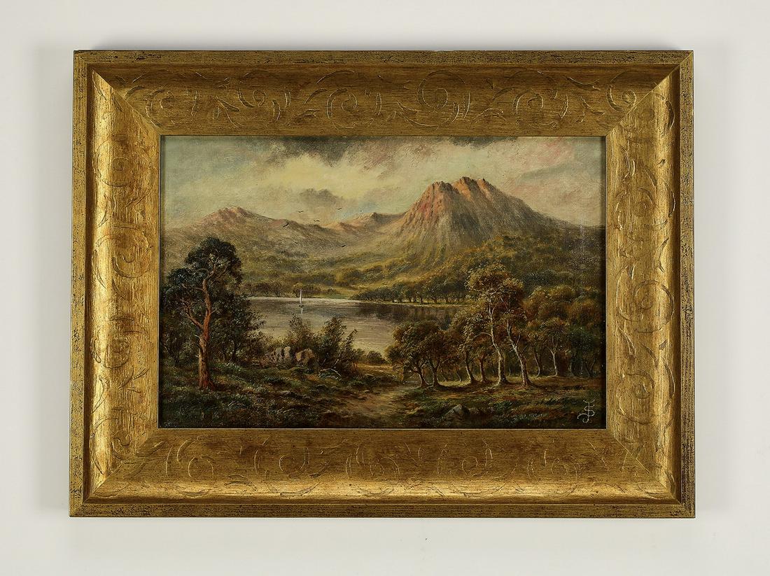 Signed Sidney Yates Johnson (British) O/c landscape: Signed Sidney Yates Johnson (British, active 1890-1926) landscape, late 19th or early 20th century, executed in oil on canvas, depicting a winding path leading to a peaceful front range lake, monogram