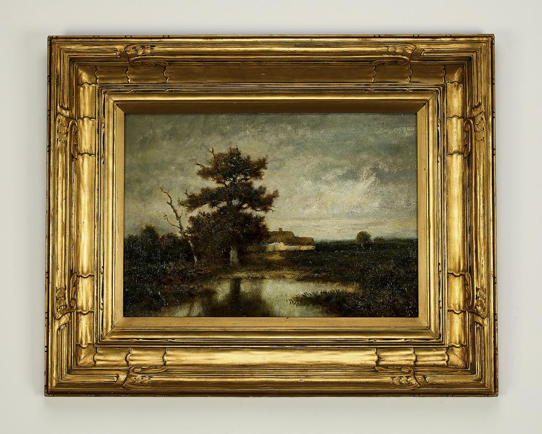 Signed Jules Dupre O/b landscape, 19th c.: Signed Jules Dupre (French 1811-1889) landscape, 19th century, executed in oil on board, depicting a marsh landscape with farm outbuildings in the background, signed lower right, 11.75"h x 17"w, overa