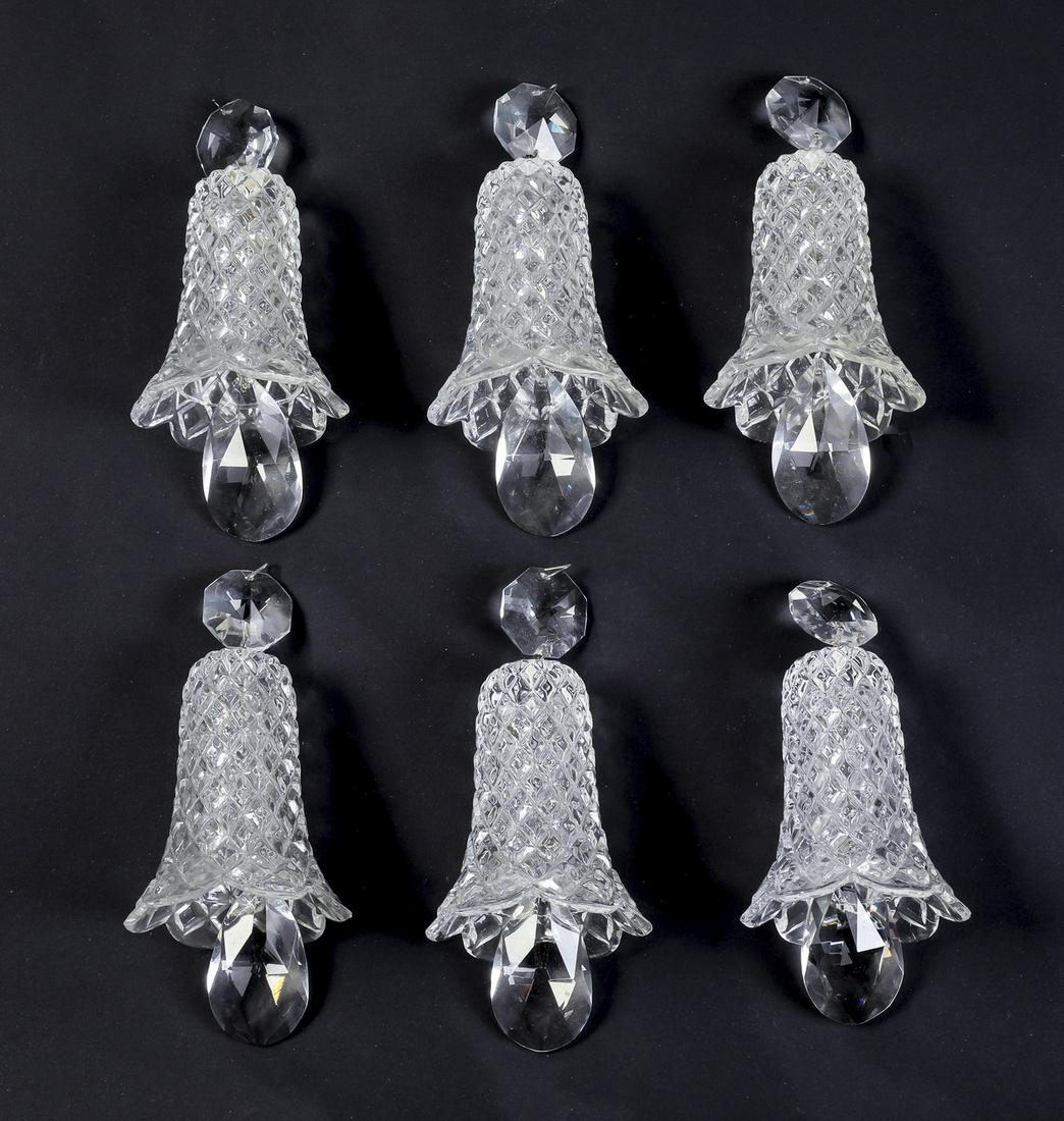 (6) Italian bell-form glass pendants, 7"h: Group of (6) Italian glass pendants, of bell form with a diamond design, centering a faceted drop finial, each measuring 6.75"h x 3"dia.