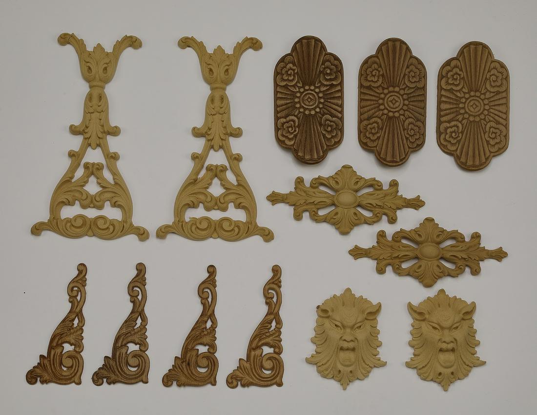 (13) Continental decorative appliques: Group of (13) Continental decorative appliques, including (2) of pierced acanthus scrollwork form, measuring 10.75"h x 6"w x 0.5"d, (3) of slightly curved foliate form, measuring 6.75"h x 3.5"w x 0.75