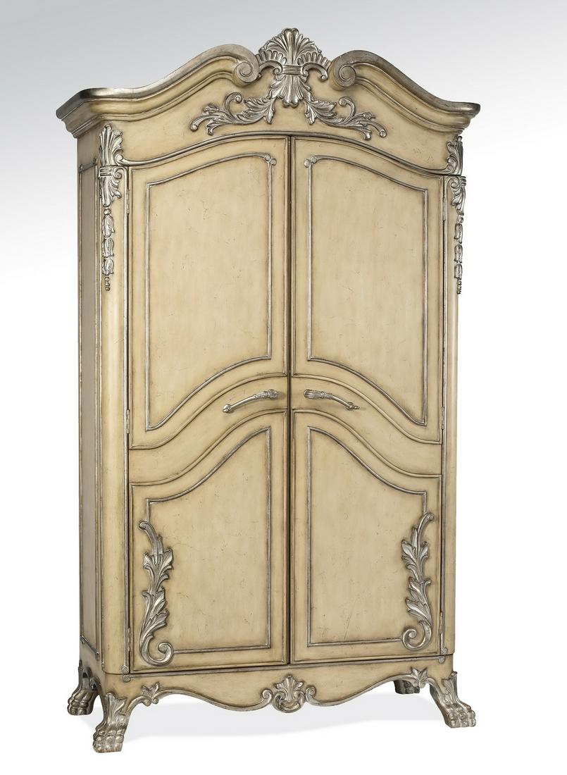 Henredon Louis XV style media armoire: Henredon Louis XV style media armoire, having an arched pediment centering an acanthus cartouche with garlands, over two doors opening to two shelves, above two lower doors, one opening to an open com