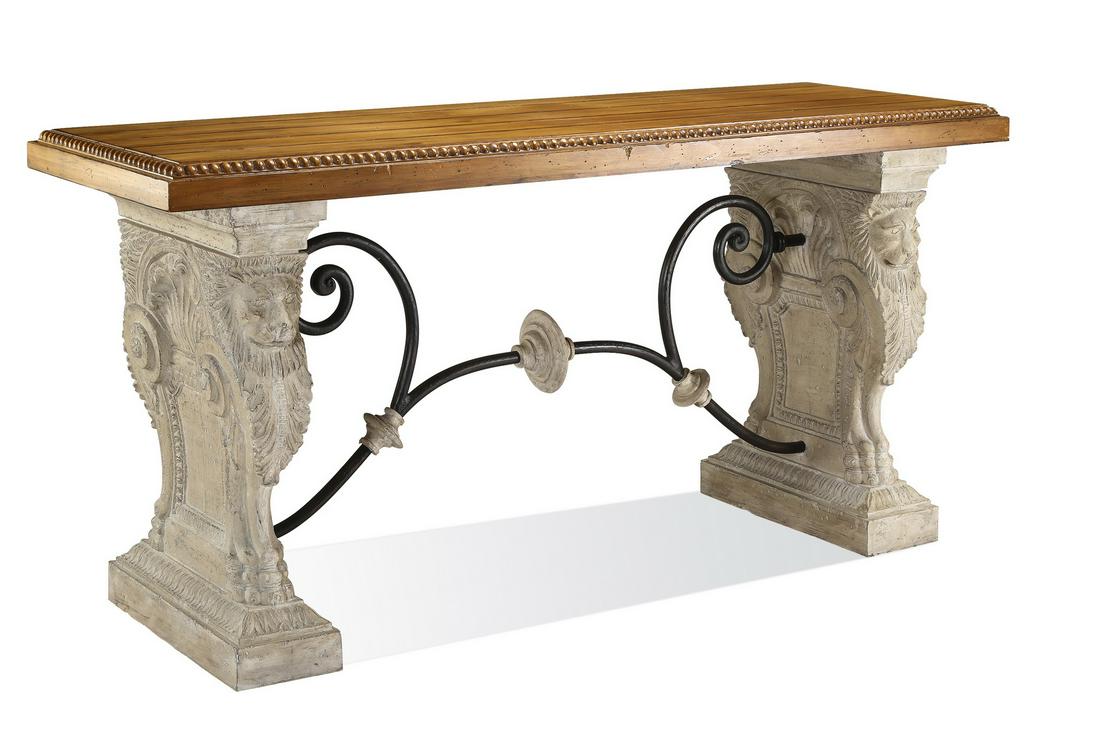 Neoclassical style faux stone, iron and wood console: Neoclassical style console table, having a grooved top resembling wood planks carved with a beaded border, resting on two columnar legs crafted of composition material to resemble carved stone, with s