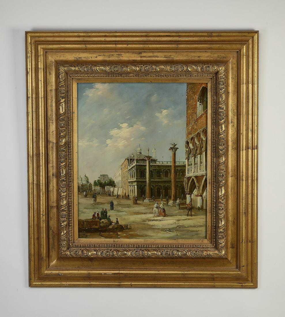 After Luca Carlevarijs, Venetian O/c cityscape: Signed Continental School cityscape, executed in oil on canvas, after Luca Carlevarijs (Italian, 1663-1730) 'Venice, A View of the Piazzetta Looking Towards The Punta Della Dogana,' signed 'F. Tallroy