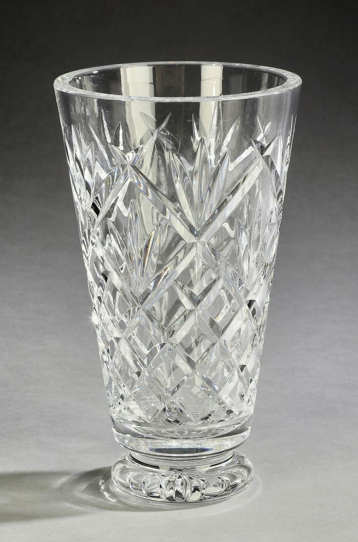 Waterford crystal vase, maker marked: Waterford crystal vase, of tapering form, the body cut in the round with fans and wedges, maker marked, 8.25"h x 4.75"dia.
