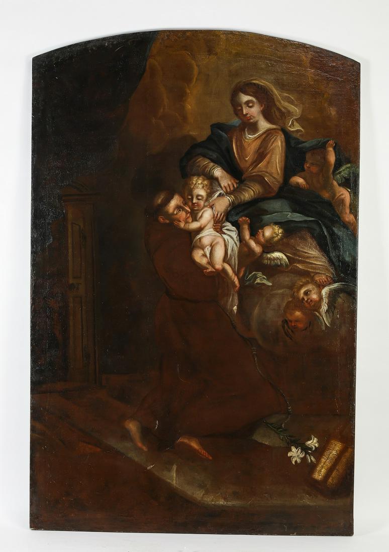 Monumental 18th c. O/c, St Anthony and Christ child: Monumental Continental oil on canvas, after 'The Vision of Saint Anthony of Padua,' late 18th or early 19th century, the arched canvas depicting St. Anthony holding the Christ child, while the Virgin 