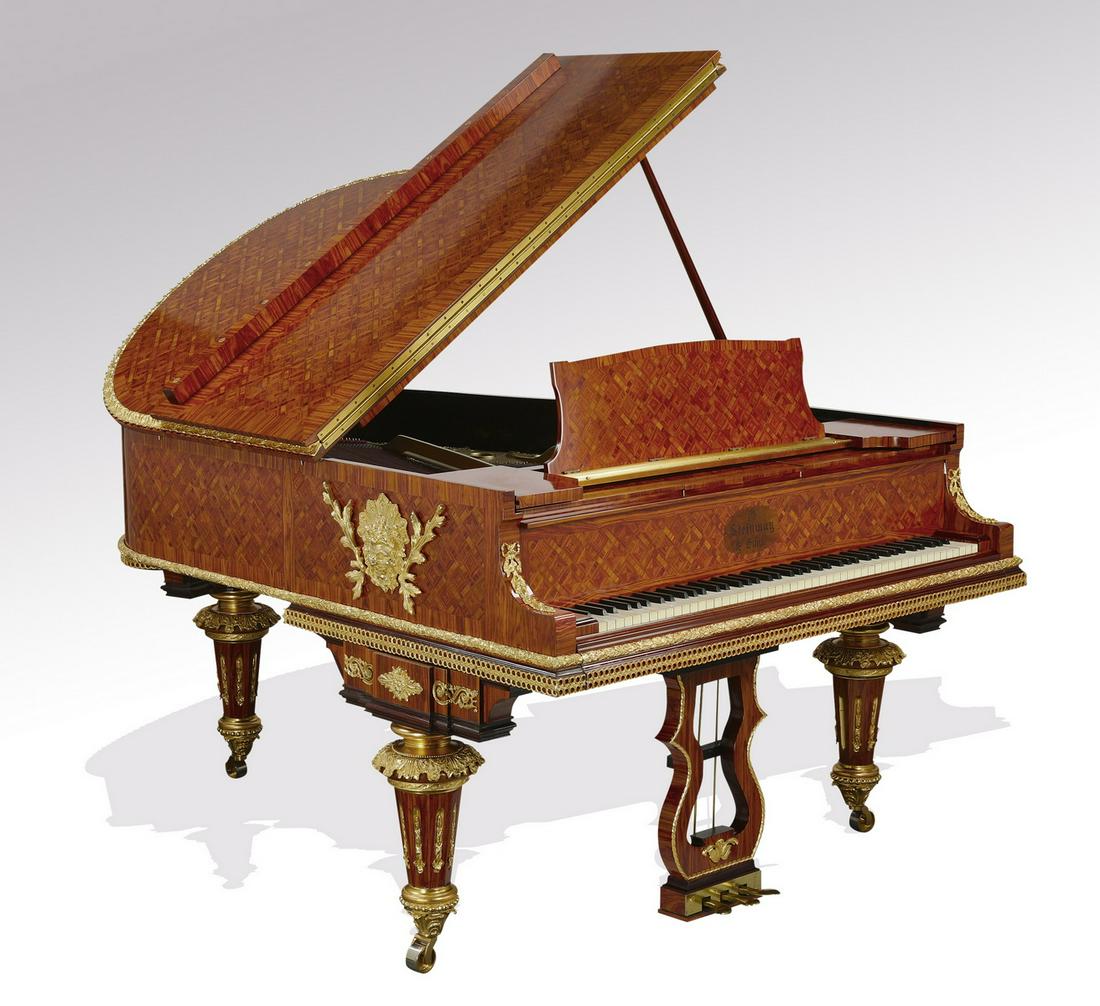 Steinway & Sons Model O art case grand piano w/ bench: Steinway & Sons Model O art cased Louis XVI style grand piano, serial number 167834, parquetry inlaid with satinwood and accented with finely chiseled gilt bronze masks and mounts, the hinged lid abov